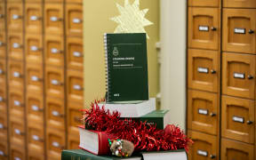 Parliament's House Office celebrates the festive season with a legislation christmas tree, complete with a Standing Orders angel at the top.