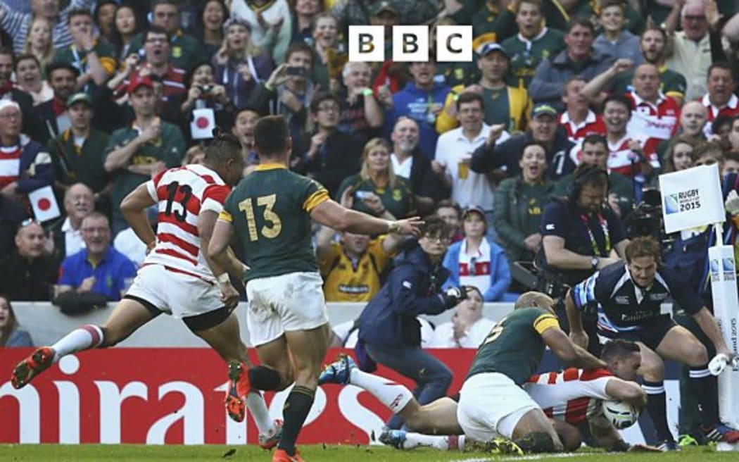 Karne Hesketh of Japan scores the winning try during the 2015 Rugby World Cup Pool B match between South Africa and Japan at the Brighton Community Stadium on September 19th 2015.