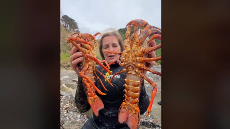 Terressa Kollat catches some crayfish on a foraging trip with a group of visitors from Australia.