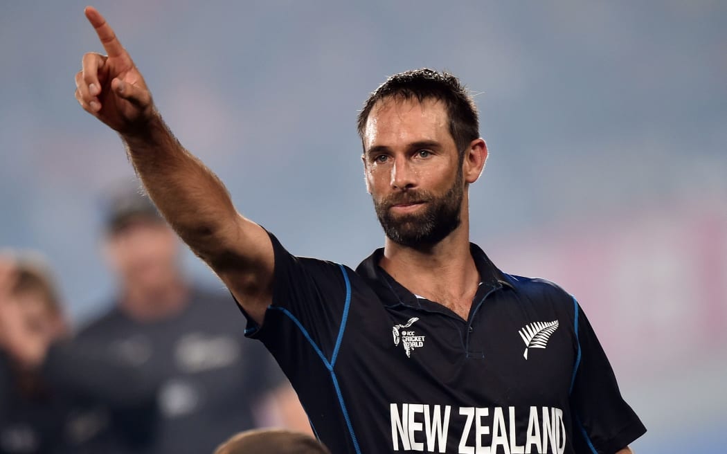 Grant Elliott victorious after hitting the winning runs to send New Zealand to the Cricket World Cup final, 2015.