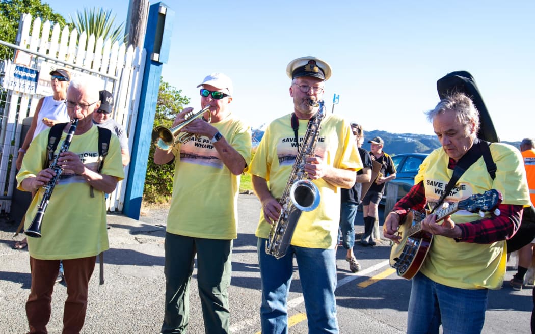 A jazz band plays at the community walk in support of Petone Wharf 28 April 2024.
