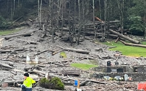 Slash and debris has come down from a forest behind Queenstown Primary School in the severe weather on 21 and 22 September 2023.