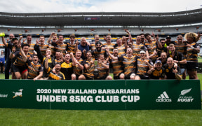 Eden Lizards celebrate their win against University Squids during the Final of the U85 National rugby match, held at Eden Park in Auckland on 7  November 2020.