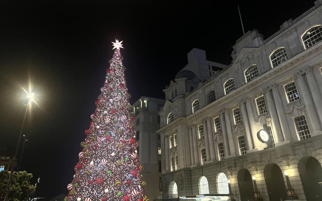 The Te Manaaki tree in central Auckland is 18 metres tall, with more than 10,000 LED lights and 200 giant baubles.