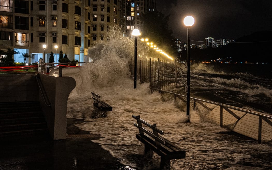 Waves crash as Super Typhoon Ragasa approaches the Heng Fa Chuen residential district in Hong Kong on September 23, 2025.