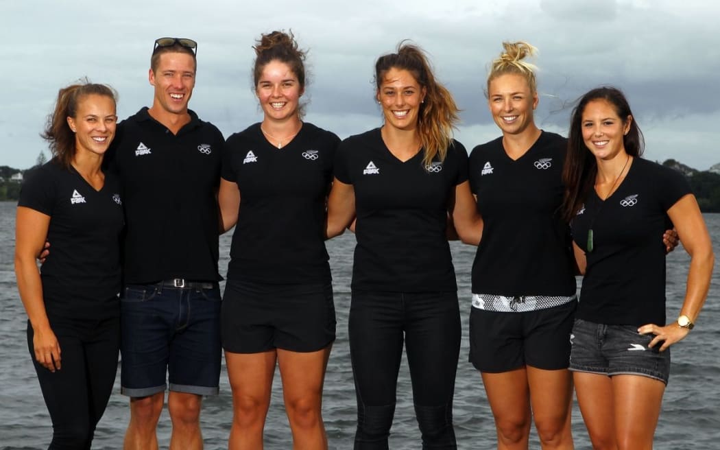 (L to R) Lisa Carrington, Marty McDowell, Aimee Fisher, Kayla Imrie, Caitlin Ryan and Jaimee Lovett, New Zealand Olympic Canoe Sprint Team Announcement, North Shore Canoe Club, Auckland, 31 March 2016. Copyright Image: William Booth / www.photosport.nz