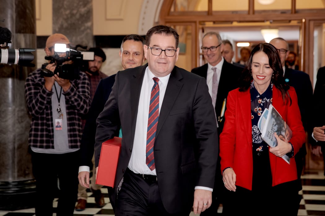 Grant Robertson and Jacinda Ardern arrive for the release of Budget 2019.