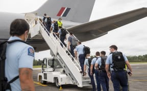 Police depart RNZAF Base Auckland for the Solomon Islands on a Royal New Zealand Air Force Boeing 757.