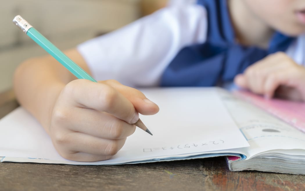 Student holding pencils for math calculation, homework.