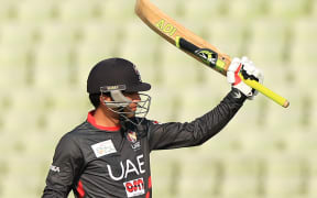 UAE's Rohan Mustafa reacts after scoring a half-century during Asia Cup T20 qualification in 2016
