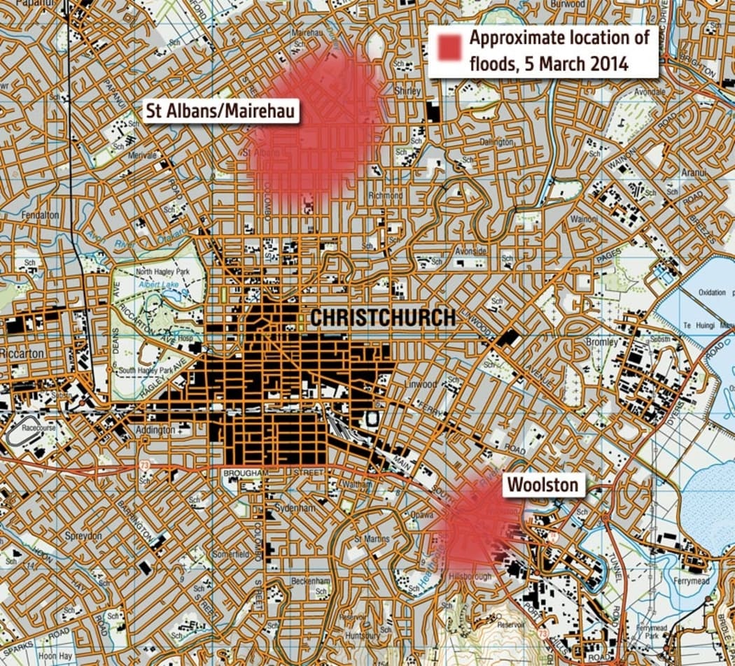 A map showing areas of Christchurch most affected by the flooding.