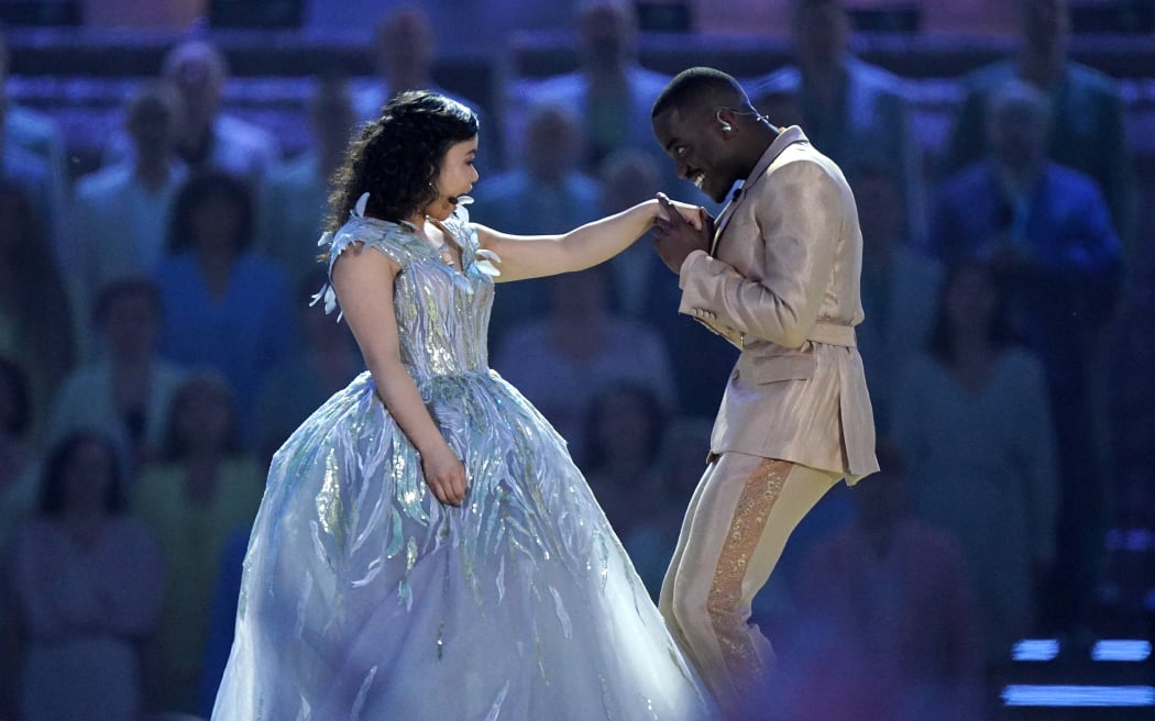 Mei Mac and Ncuti Gatwa perform on stage inside Windsor Castle grounds at the Coronation Concert, in Windsor, west of London on May 7, 2023. -