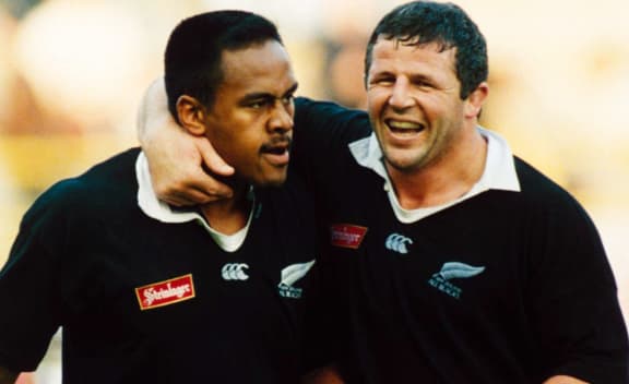 Jonah Lomu and Sean Fitzpatrick playing for the All Blacks. 1995.