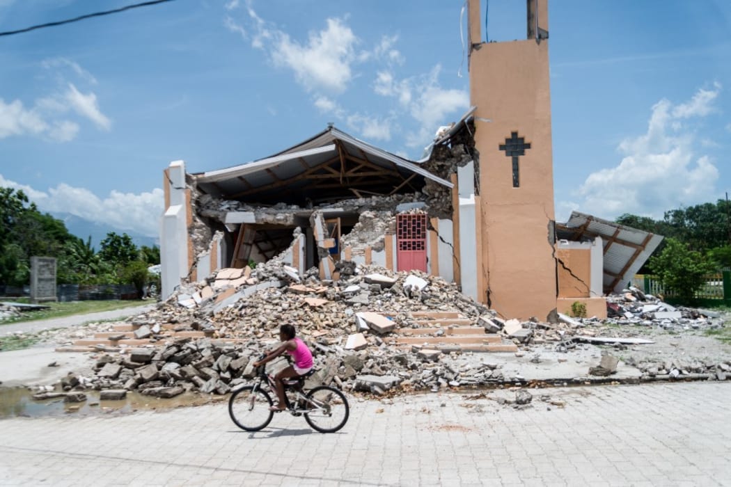 The Church St Anne is seen completely destroyed by the earthquake in Chardonnieres, Haiti on August 18, 2021.
