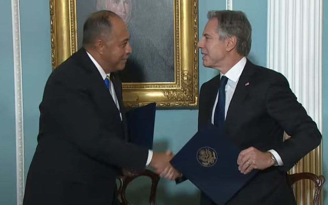 US Secretary of State Antony J. Blinken participates in a joint statement signing ceremony with Niue Premier Dalton Tagelagi at the Department of State, on September 25, 2023.