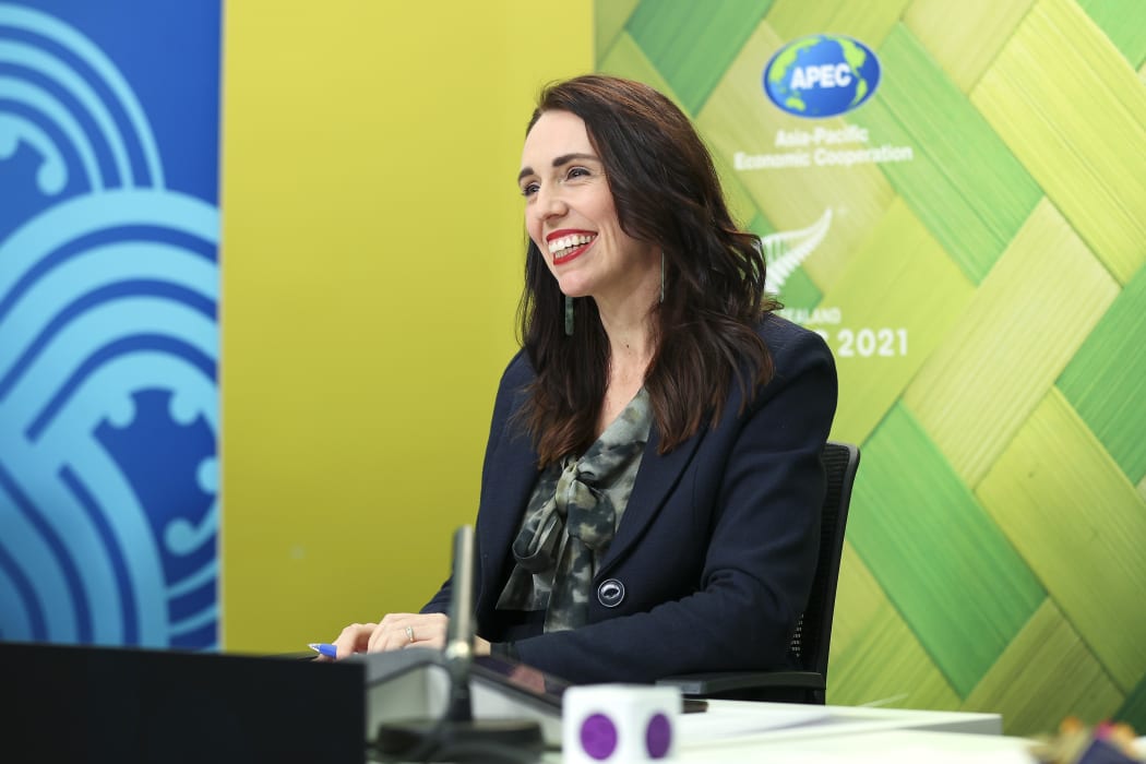 Prime Minister Jacinda Ardern speaks during the APEC Informal Leaders' Retreat at the Majestic Centre on 16 July 2021 in Wellington, New Zealand. As chair of APEC 2021, Ardern hosted the virtual meeting.