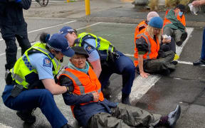 A protester is led away by police.