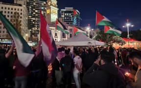 Hundreds attended a vigil in Aotea Square on Wednesday 18 October in support of Gaza. Protestors chanted, 'Free Palestine' and waved Palestinian flags.