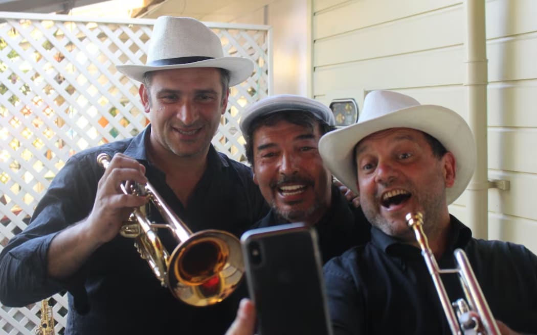 Members of Nelson-based Latin band Los Galanes: Raffaele Bandoli (left), the late Jose Luis Perez and guest member Marco Sangiorgi. The band were left short by more than $1000 for a Bastille Day gig the Crevecoeurs hired them to play at.