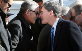 Maori King Tuheitia having a hongi with Minister Chris Finlayson.