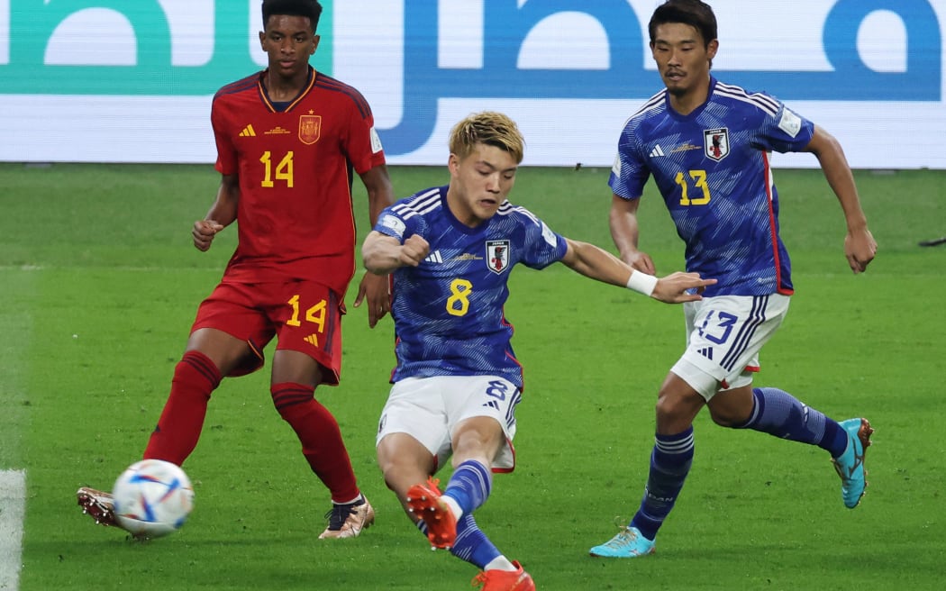 Ritsu Doan of Japan scores in the second half of the FIFA World Cup Group E match Japan vs Spain at Khalifa International Stadium in Ar-Rayyan, Qatar on 1 December, 2022.