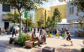 A concept design of the social and affordable housing in Nelson, with Red Art Gallery on the left and the Nelson Evening Mail building on the right. One of the proposed developments in Achilles Ave is shown in yellow.
