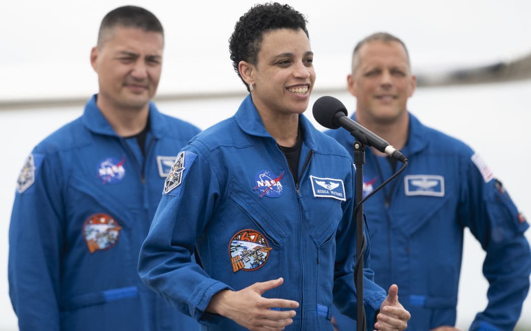 NASA astronaut Jessica Watkins speaks to members of the media after arriving at the Launch and Landing Facility at NASA’s Kennedy Space Center with fellow crewmates NASA astronauts Robert Hines, Kjell Lindgren, and ESA (European Space Agency) astronaut Samantha Cristoforetti ahead of SpaceX’s Crew-4 mission, Monday, April 18, 2022, in Florida.
