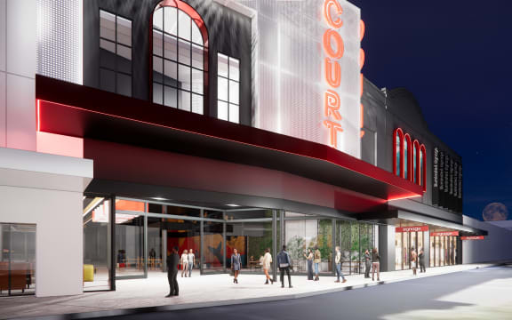 A render of the Courtenay Place entrance at The Court, the proposed new complex in central Wellington.