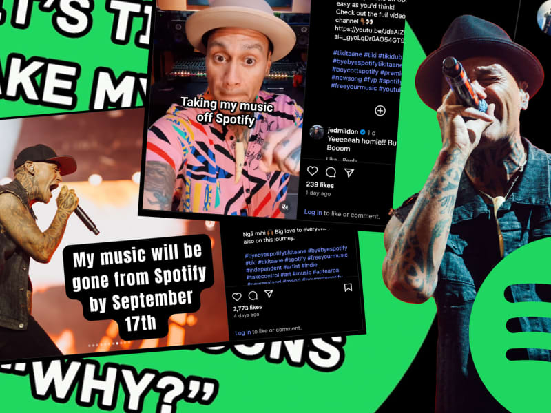 Composite of Tiki Taane, social media posts and Spotify logo