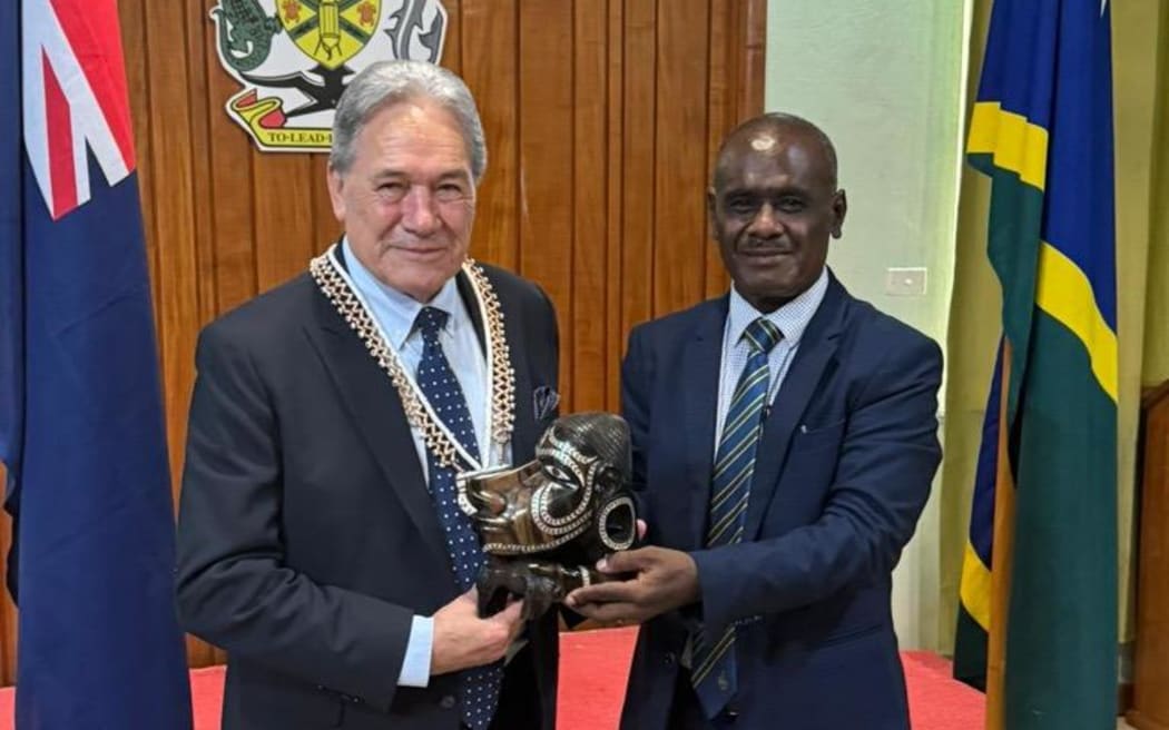 New Zealand Foreign Affairs Minister Winston Peters and Solomon Islands Prime Minister Jeremiah Manele meet in Honiara on 12 May 2024.