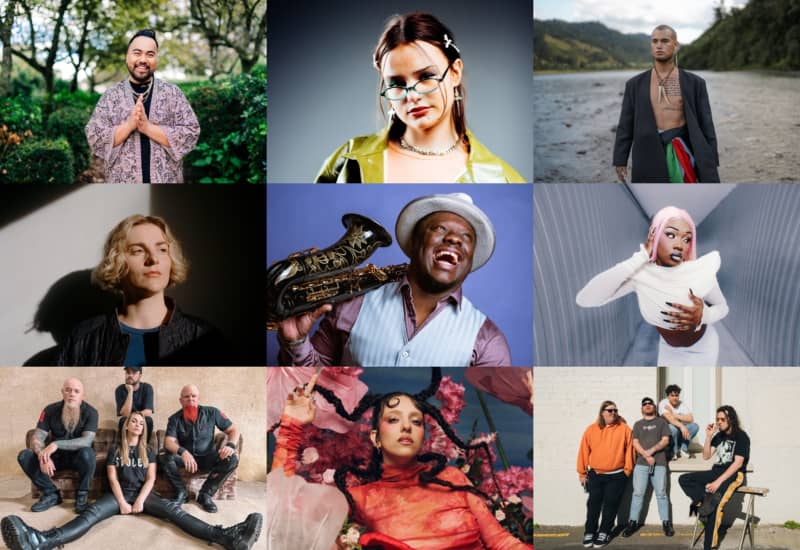 A composite image showing nine finalists in the 2025 Aotearoa Music Awards.