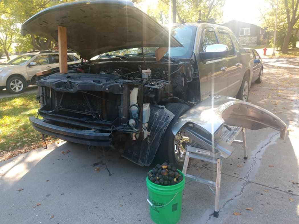 Bill Fischer waits until the season is over before committing to a full clean up of one squirrel's storage of nuts in his truck.