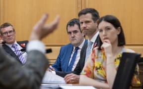 The National and ACT Party representatives on Parliament's Standing Orders Committee listen to evidence from the former Prime Minister Sir Geoffrey Palmer for the 2023 Review of Standing Orders.