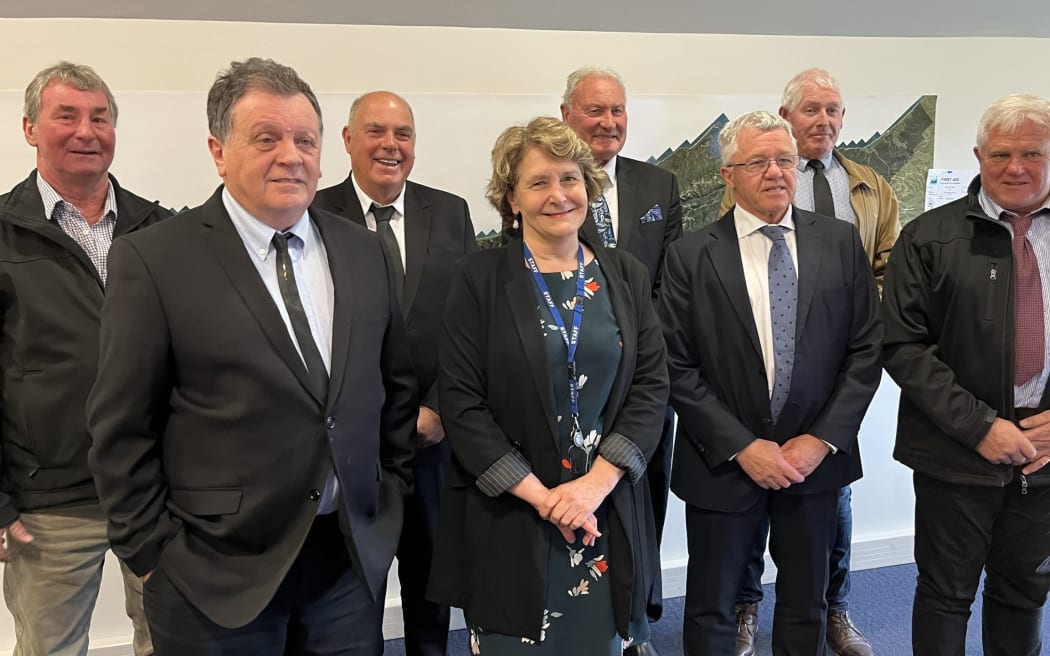 The recently inducted West Coast Regional Council. Andy Campbell, back left, Peter Haddock, Allan Birchfield, Mark McIntyre. Front: Peter Ewen, left, chief executive Heather Mabin, Frank Dooley, Brett Cummings.
