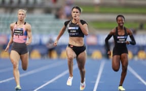 Zoe Hobbs of New Zealand wins the Women 100 metres during the 2023 Sydney Track Classic