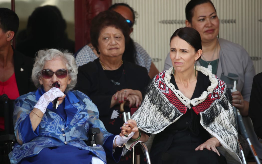 Prime Minister Jacinda Ardern with Titewhai Harawira, left, at the upper Treaty grounds Te Whare Runanga on 4 February, 2020 in Waitangi.