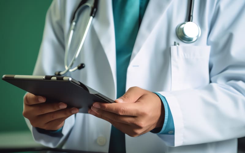 Generative AI : Doctor holding stethoscope and touching on screen of digital tablet computer close up EHRs Electronic Health Record system EMRs Electronic Medical Record system e h