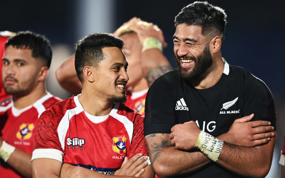 Siua Maile (L) and Akira Ioane.
All Blacks v Tonga, Steinlager Series, international rugby union test match. Mt Smart Stadium, Auckland. New Zealand. Saturday 3 July 2021. Â© Copyright Photo: Andrew Cornaga / www.photosport.nz