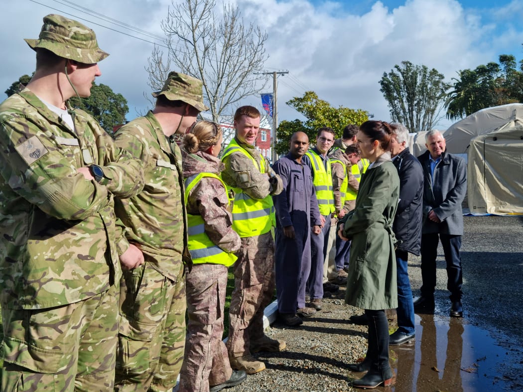 Prime Minister Jacinda Ardern speaks to members of the New Zealand Defence Force in Westport.