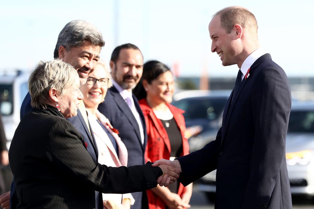 Prince William, Duke of Cambridge talks with Her Worship the Honourable Lianne Dalziel, Mayor of Christchurch after arriving at the RNZAF Air Movements Terminal on April 25, 2019 in Christchurch, New Zealand.