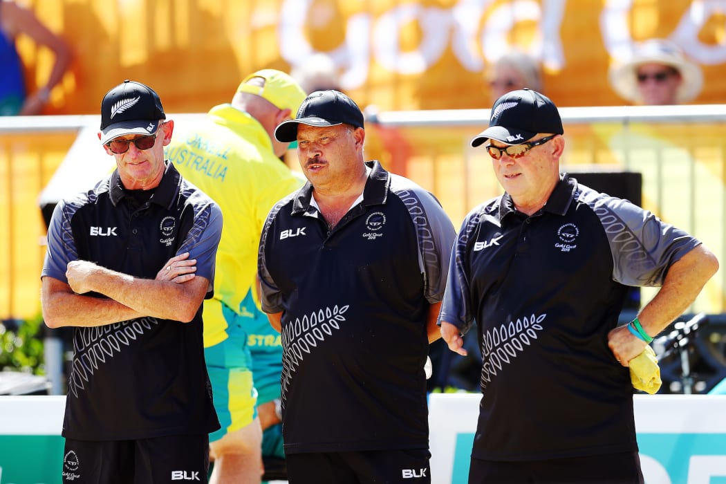Lead Bruce Wakefield, Skip Mark Noble and Second Barry Wynks of New Zealand look on during the Para Men's Open Triples Final against Australia. Gold Coast 2018 Commonwealth Games, Lawn Bowls, Gold Coast, Australia. 12 April 2018 © Copyright Photo: Anthony Au-Yeung / www.photosport.nz