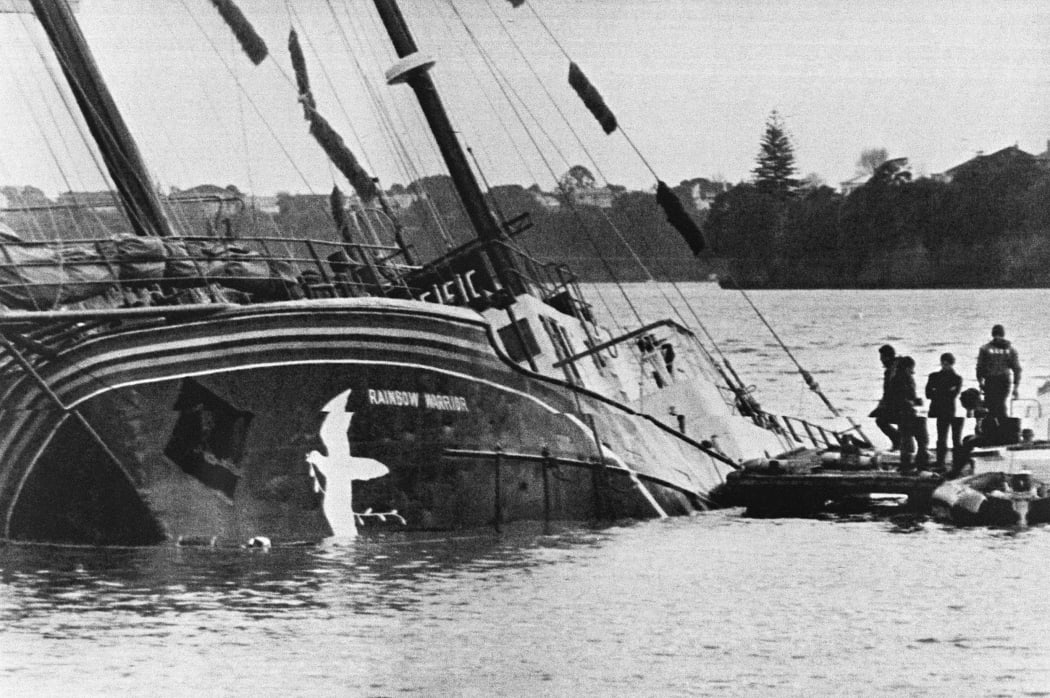 The Greenpeace flagship Rainbow Warrior lying in Auckland harbour after it was bombed in 1985.