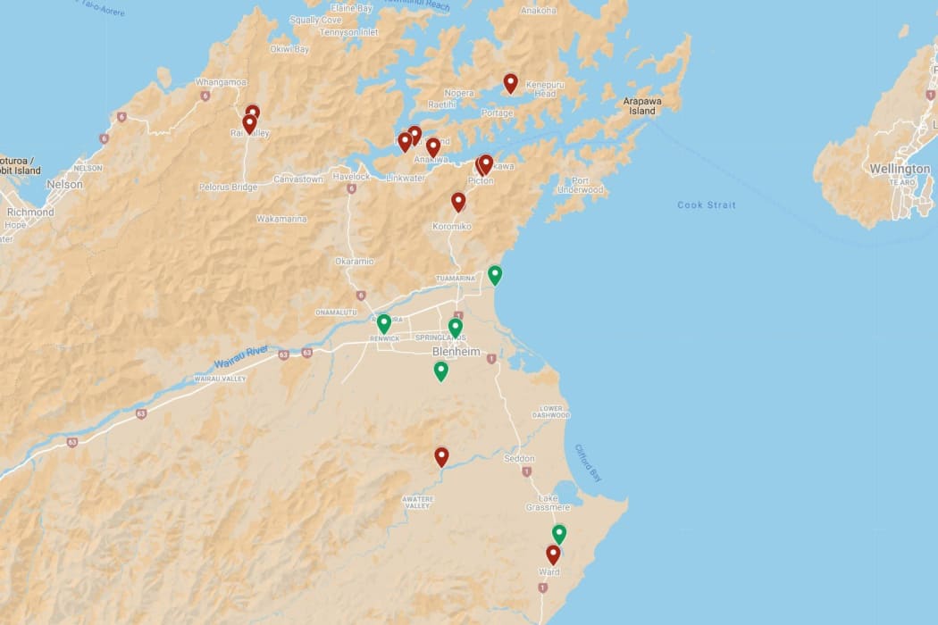 In red are the Marlborough District Council-owned freedom camping sites that were closed this year under a new bylaw.