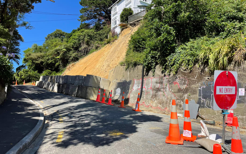 A large slip blocked the southern end of The Terrace in central Wellington on 25 December, 2022.