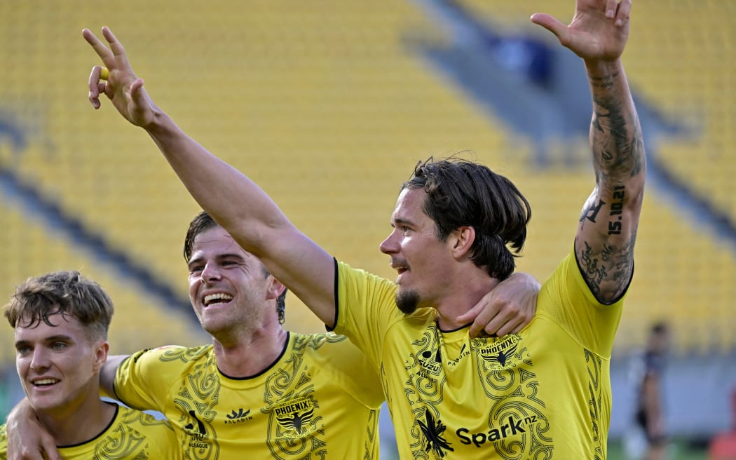 Oskar Zawada of the Phoenix celebrates after scoring a goal during the A League Men - Wellington Phoenix v Brisbane Roar at Sky Stadium, Wellington, New Zealand on Saturday 4 November 2023
Copyright photo: Masanori Udagawa /  www.photosport.nz