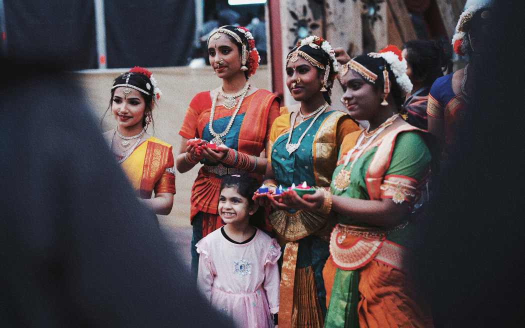 Participants on traditional Indian costumes celebrating the BNZ Auckland Diwali Festival.