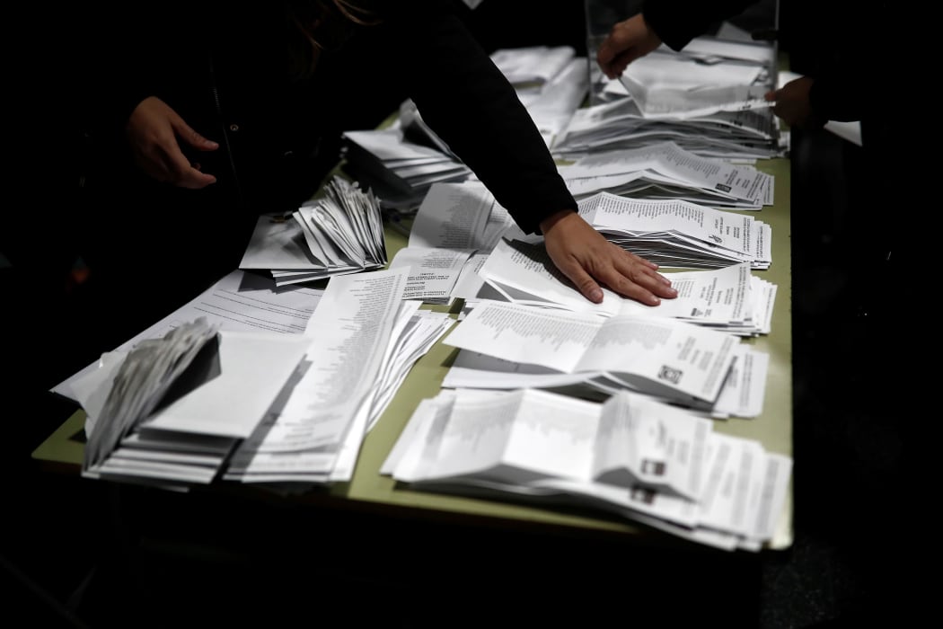 Polling station staff count the voting ballots of Catalan regional parliamentary snap election.