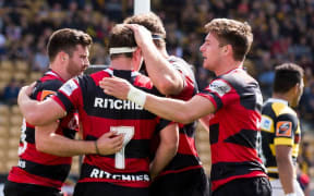Canterbury celebrate a try against Taranaki