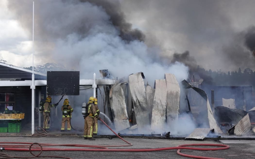 A fire at a commercial building in Kerikeri on 14 February, 2024.