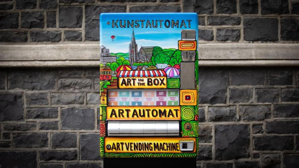 Kunstautomat has been installed at the Arts Centre in Christchurch. In exchange it gives out a small piece of art